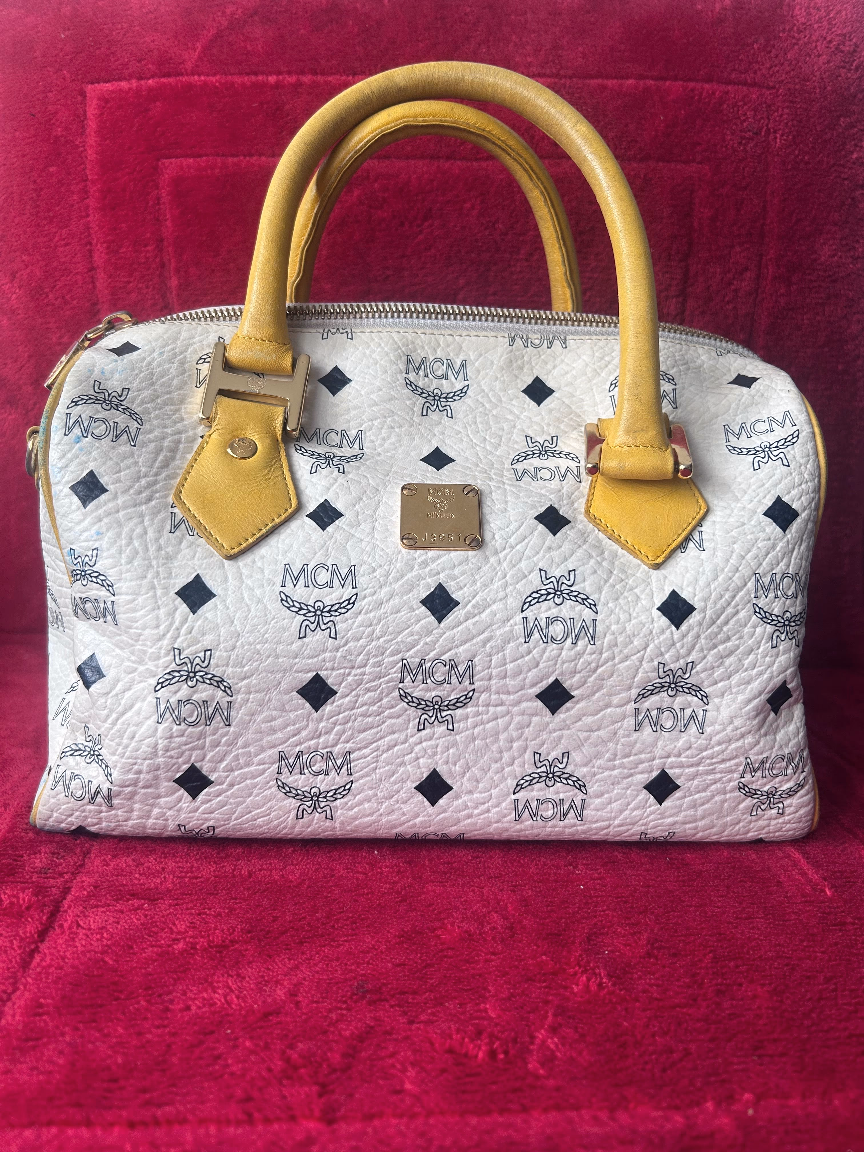MCM Monogram Visetos White & Yellow Bowler Bag