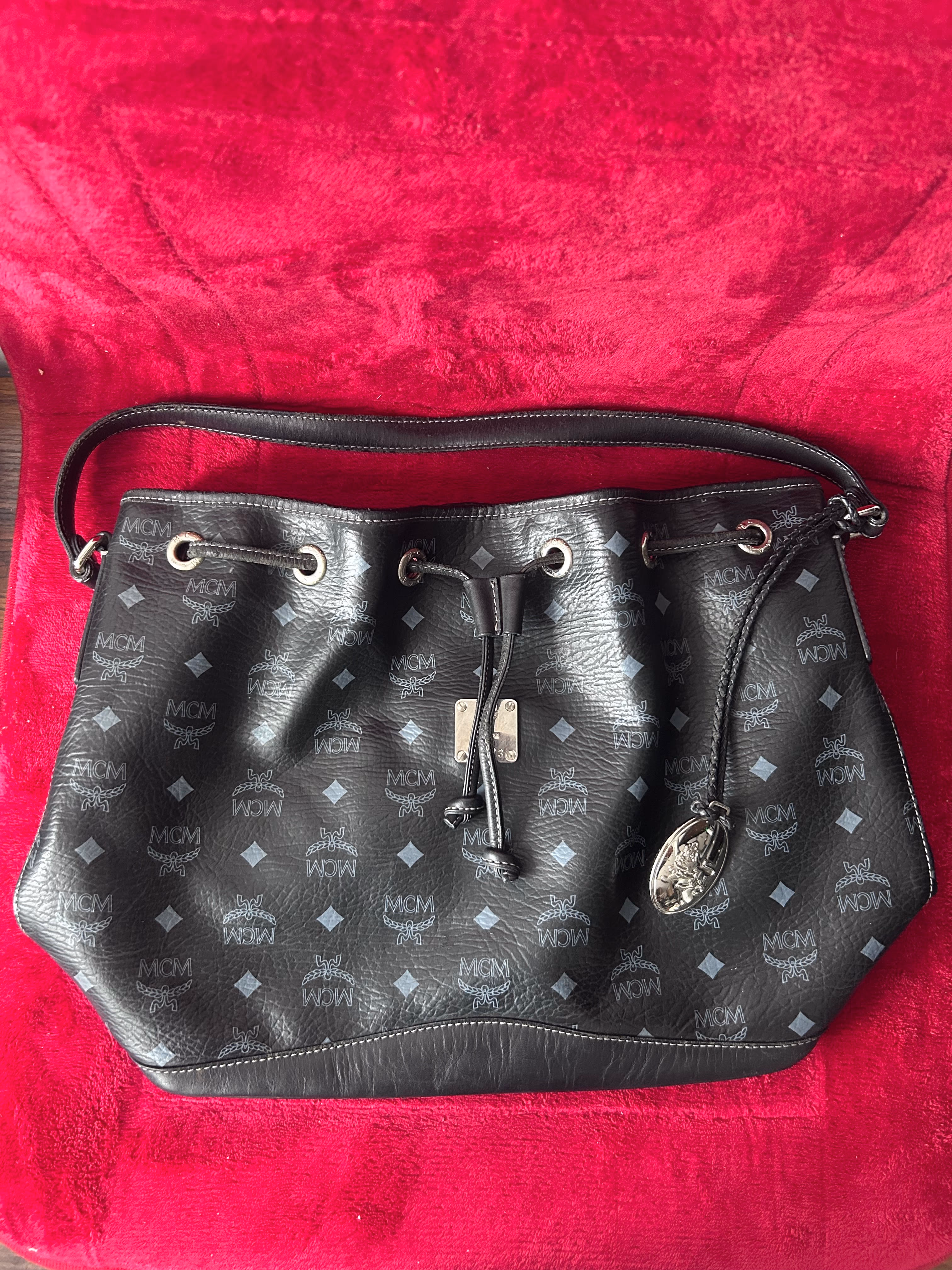 Vintage MCM Black Visetos Monogram Drawstring Bucket Bag Shoulder Purse