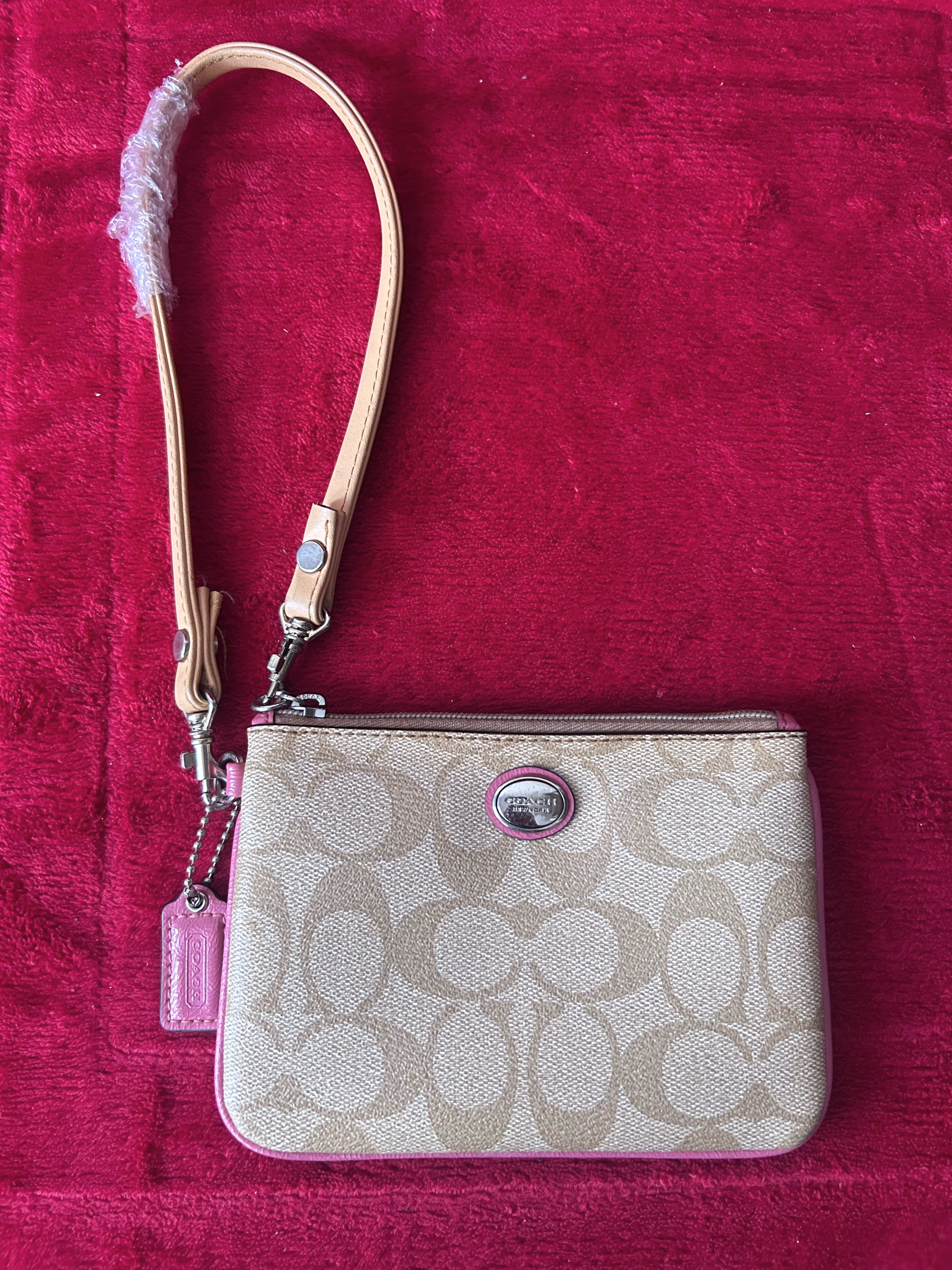 Coach Style Signature Canvas Wristlet with Pink Trim