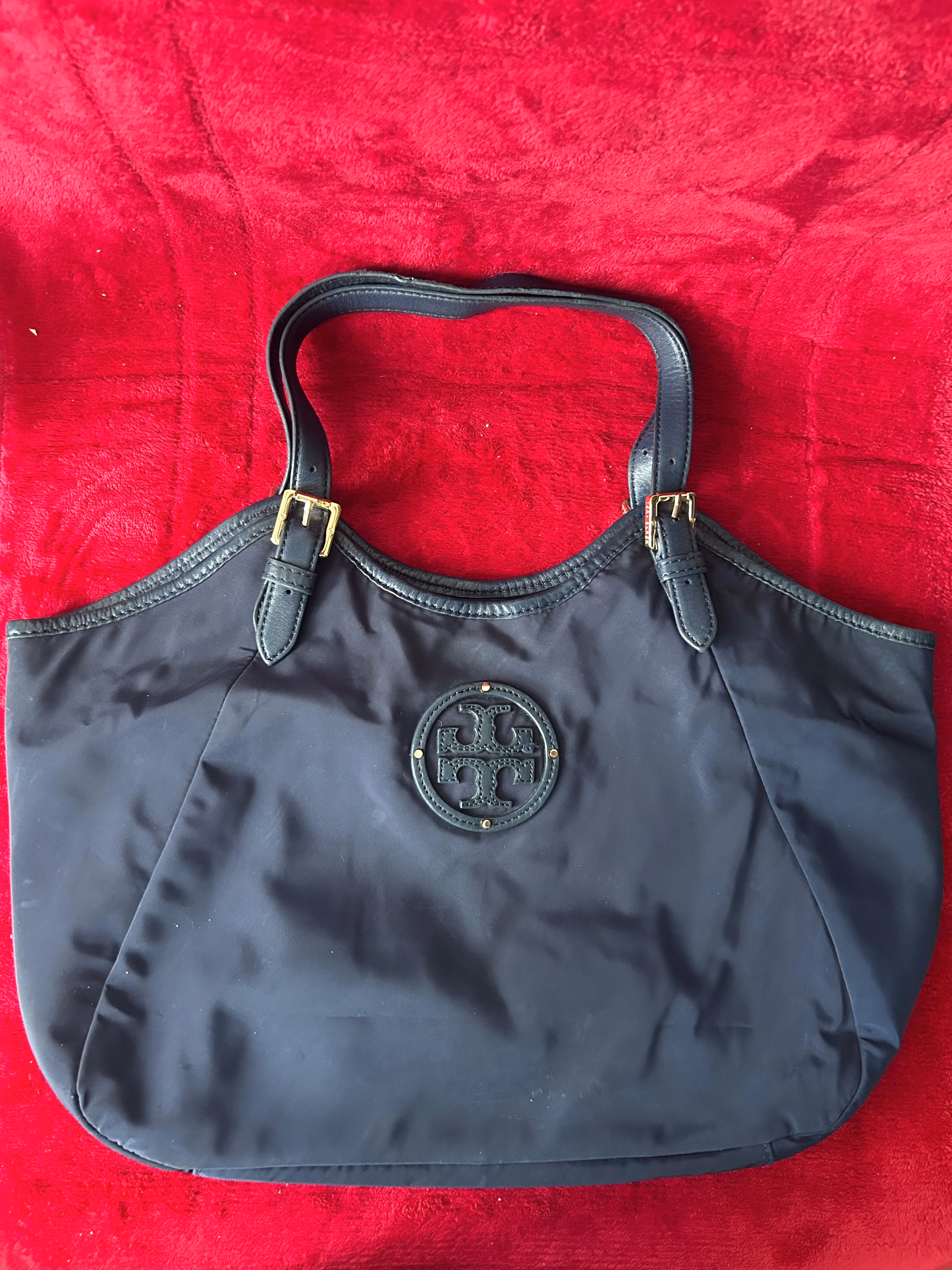 Tory Burch Nylon Slouchy Tote Bag Blue Gold Buckle Hardware